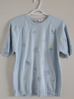 Vintage Tabi International Light Blue Crewneck Knit Seashells Embroidered Top M